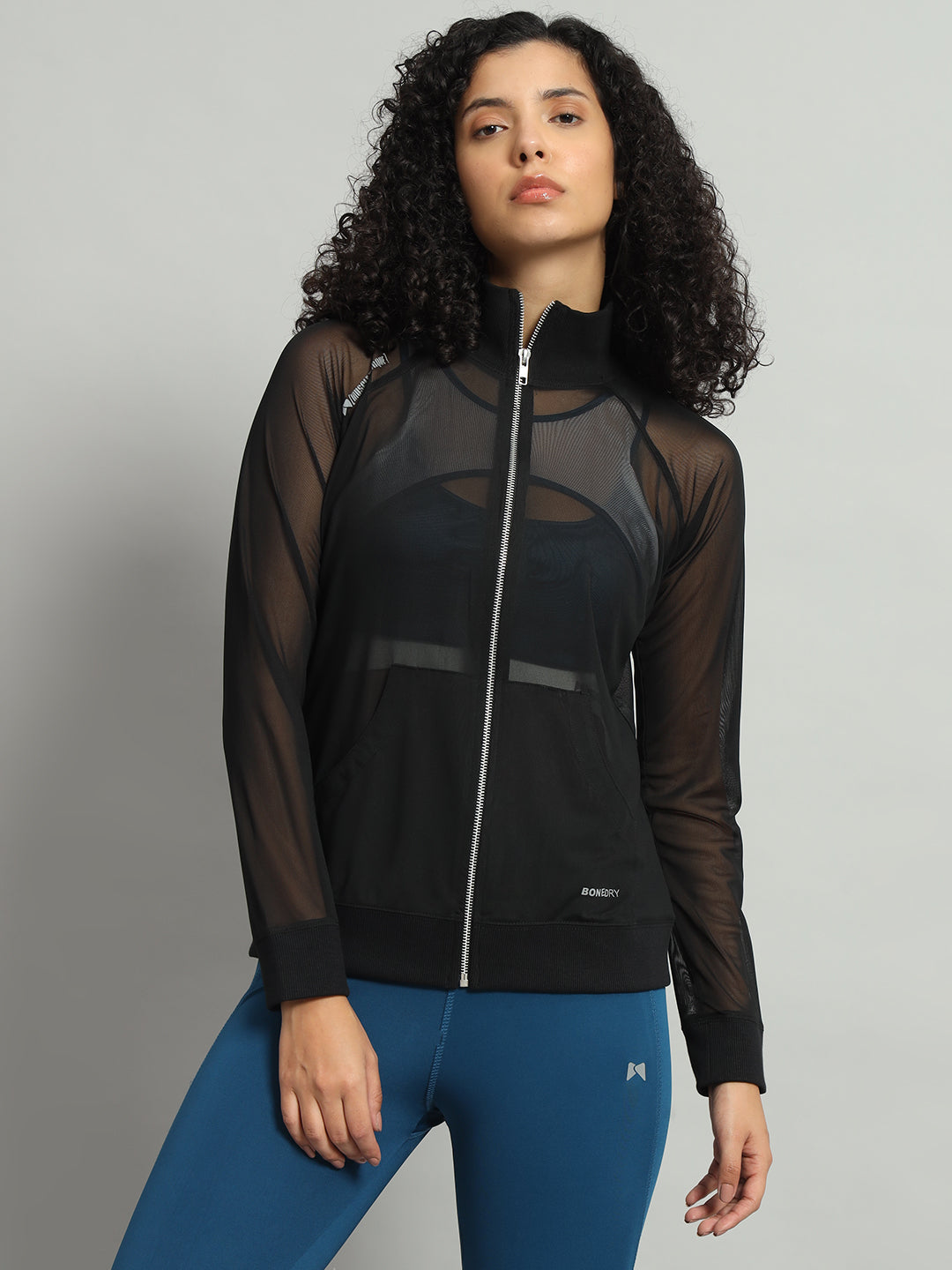 Front Zipper Mesh Sweatshirt – Black