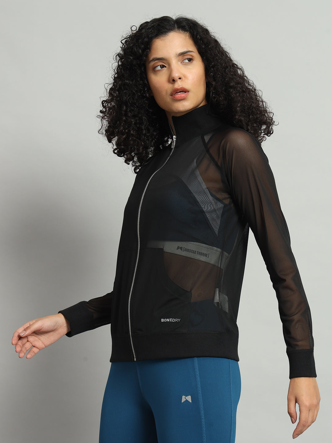 Front Zipper Mesh Sweatshirt – Black