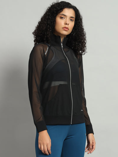 Front Zipper Mesh Sweatshirt – Black