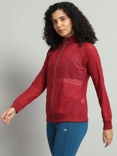 Front Zipper Mesh Sweatshirt – Maroon