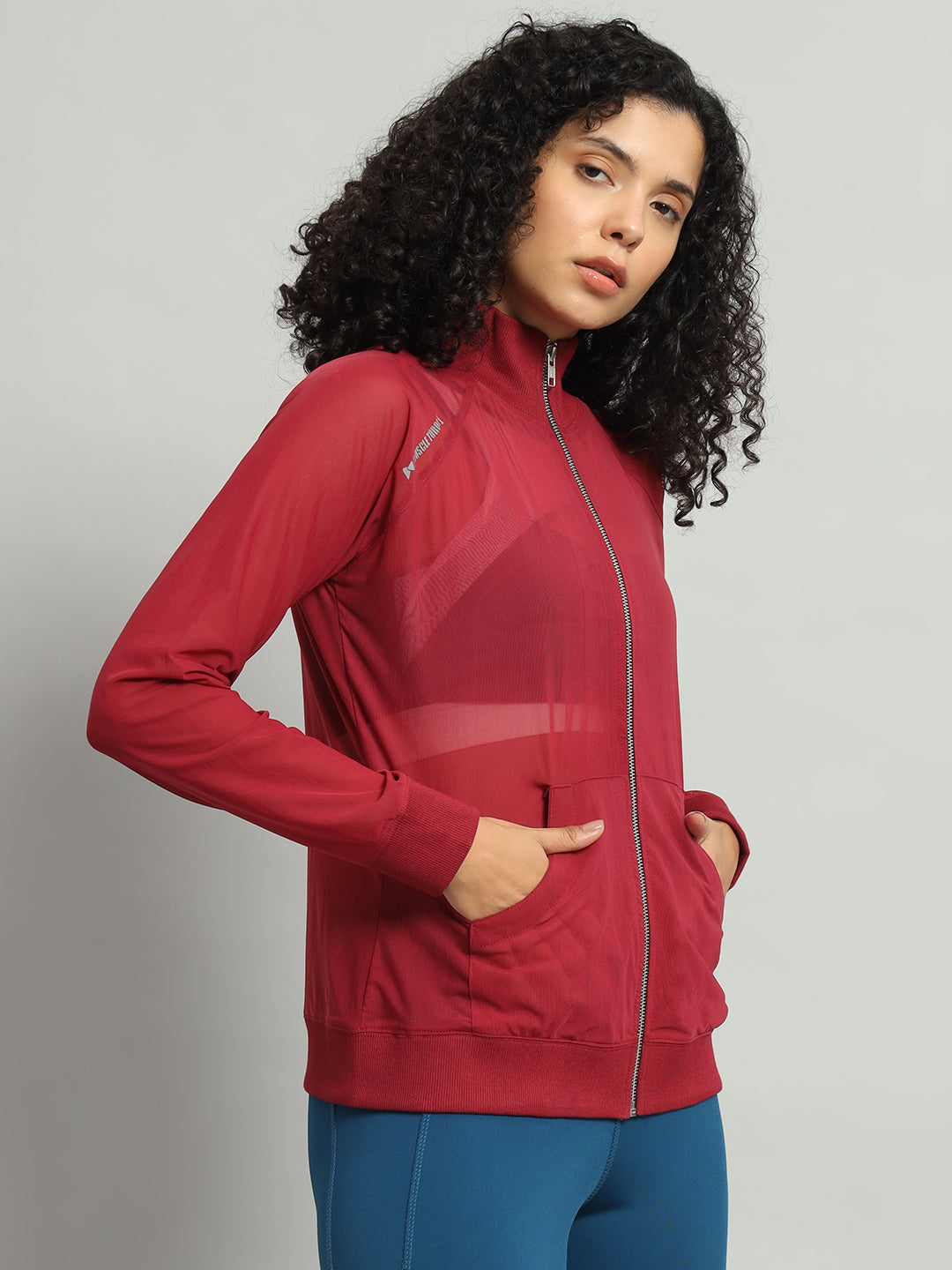 Front Zipper Mesh Sweatshirt – Maroon