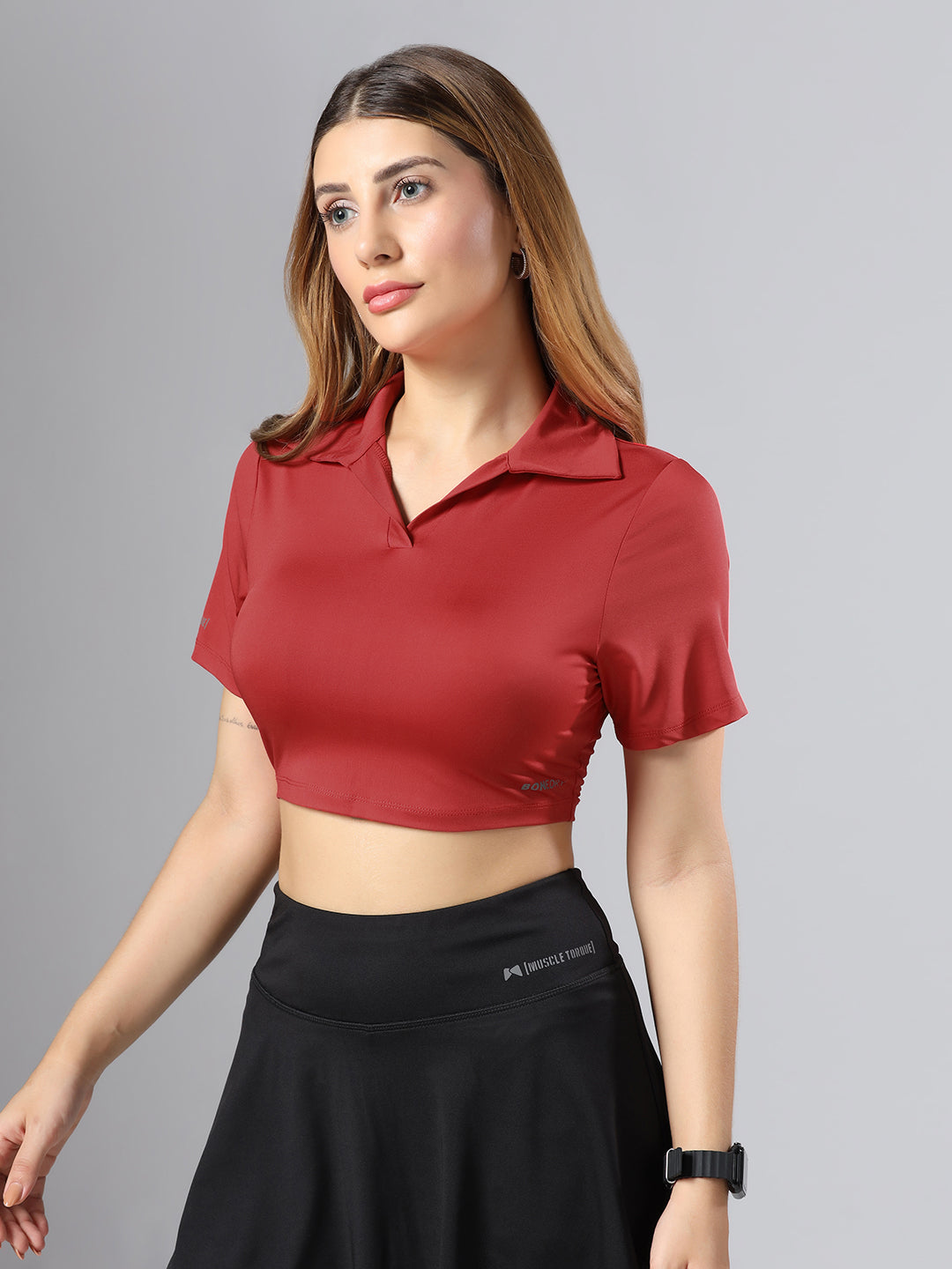 Bone-Dry Workout Crop Polo T-Shirt - Maroon