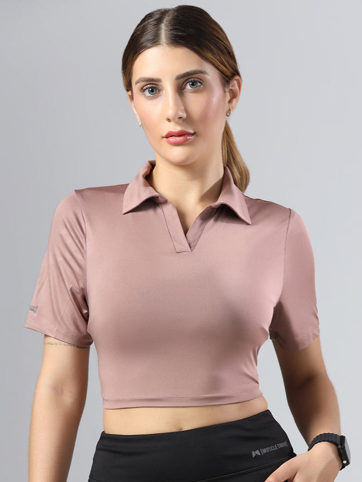Bone-Dry Workout Crop Polo T-Shirt - Peach