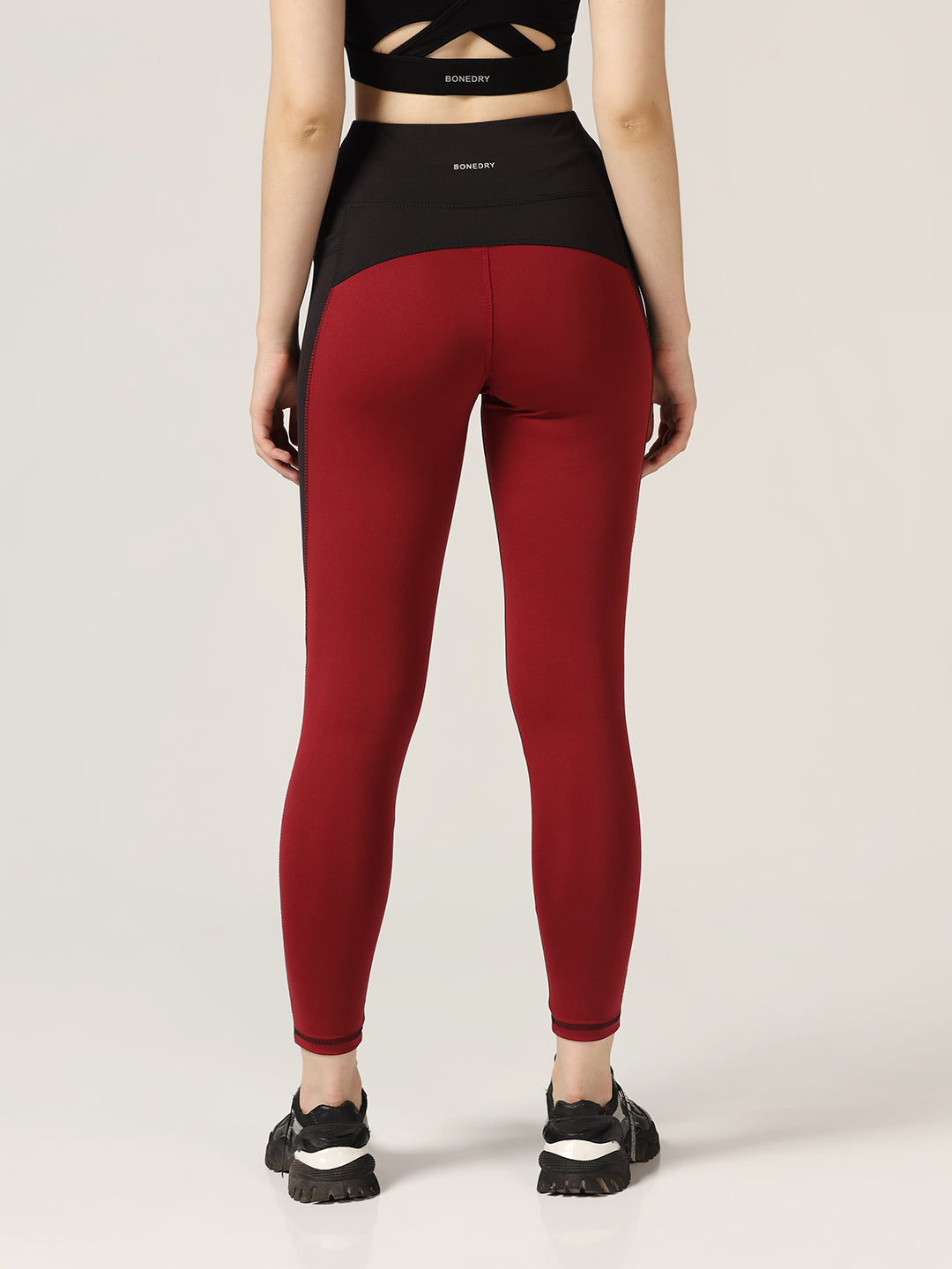High Waist Tight With Back Hip Support - Maroon Black