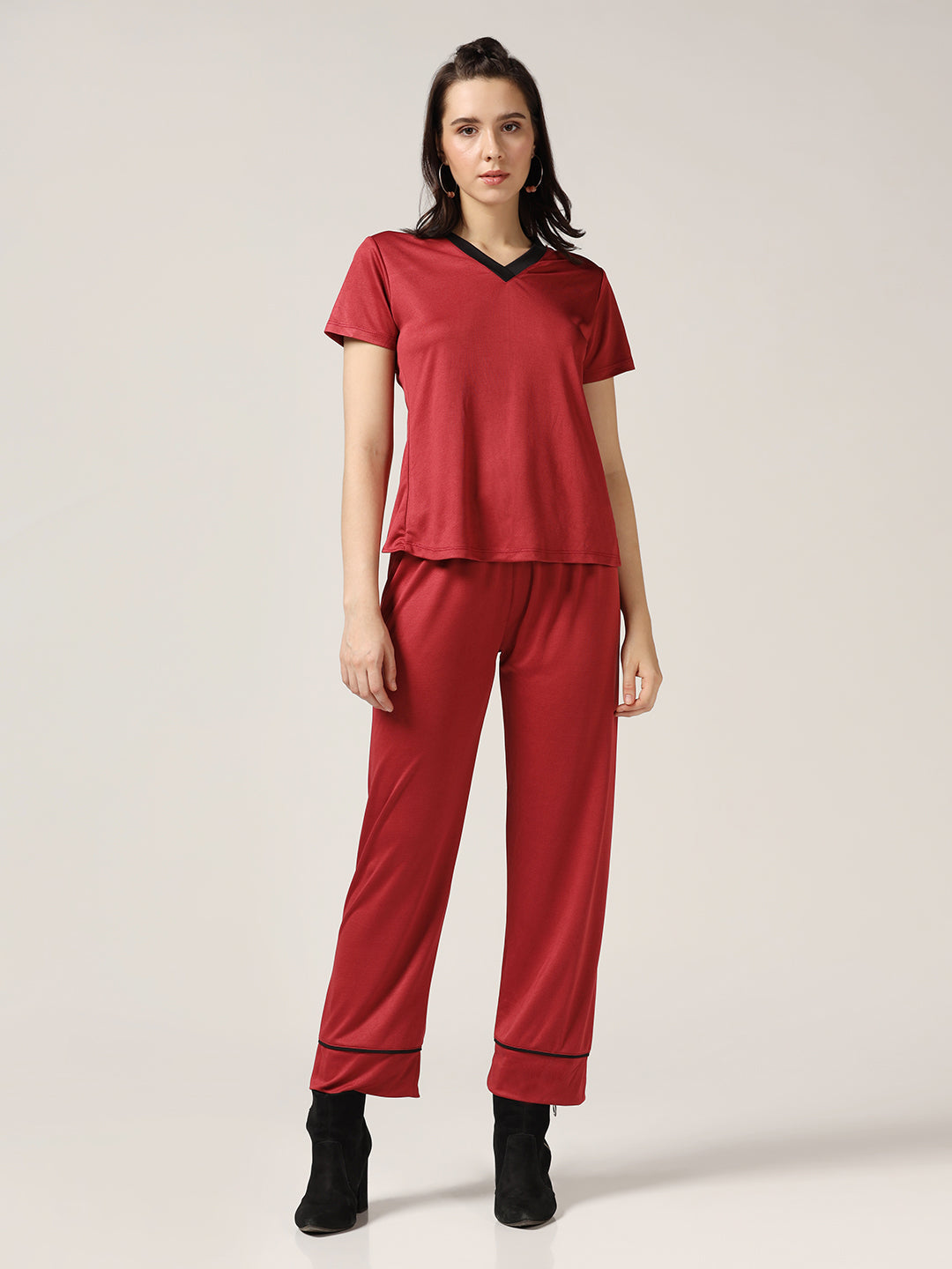 Lazy day Cord-Set With Comfort T-shirt & Pyjama - Maroon