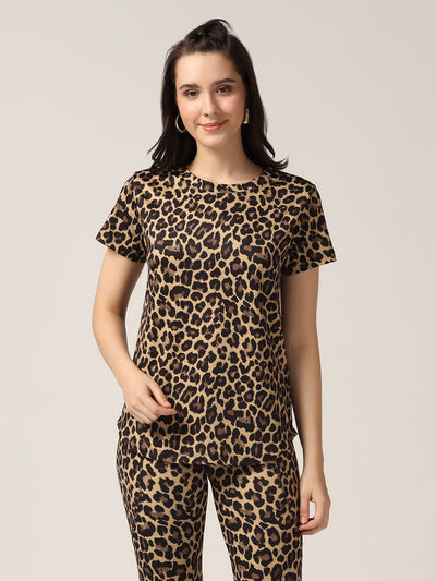 High Waist Polyester Flare Pant Cord Set - Leopard Print