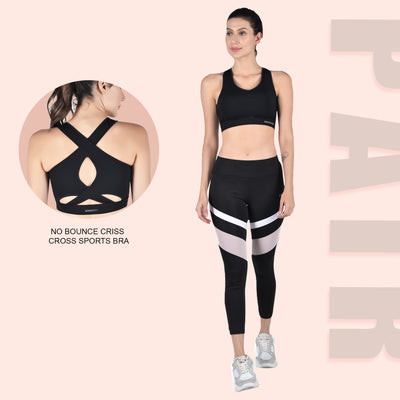 Pair of Medium Waist White Mesh Workout Tight & No Bounce Criss Cross Sports Bra – Black