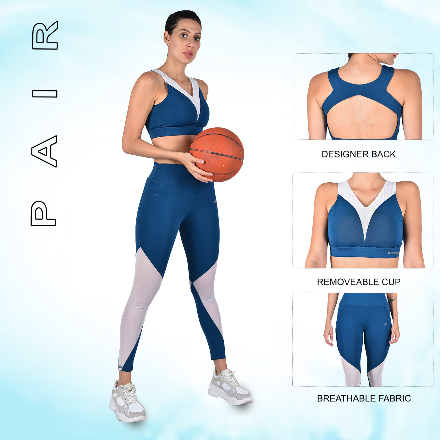 Pair of High Waist Mesh Tight & High Impact Back Design Sports Bra – Teal Blue