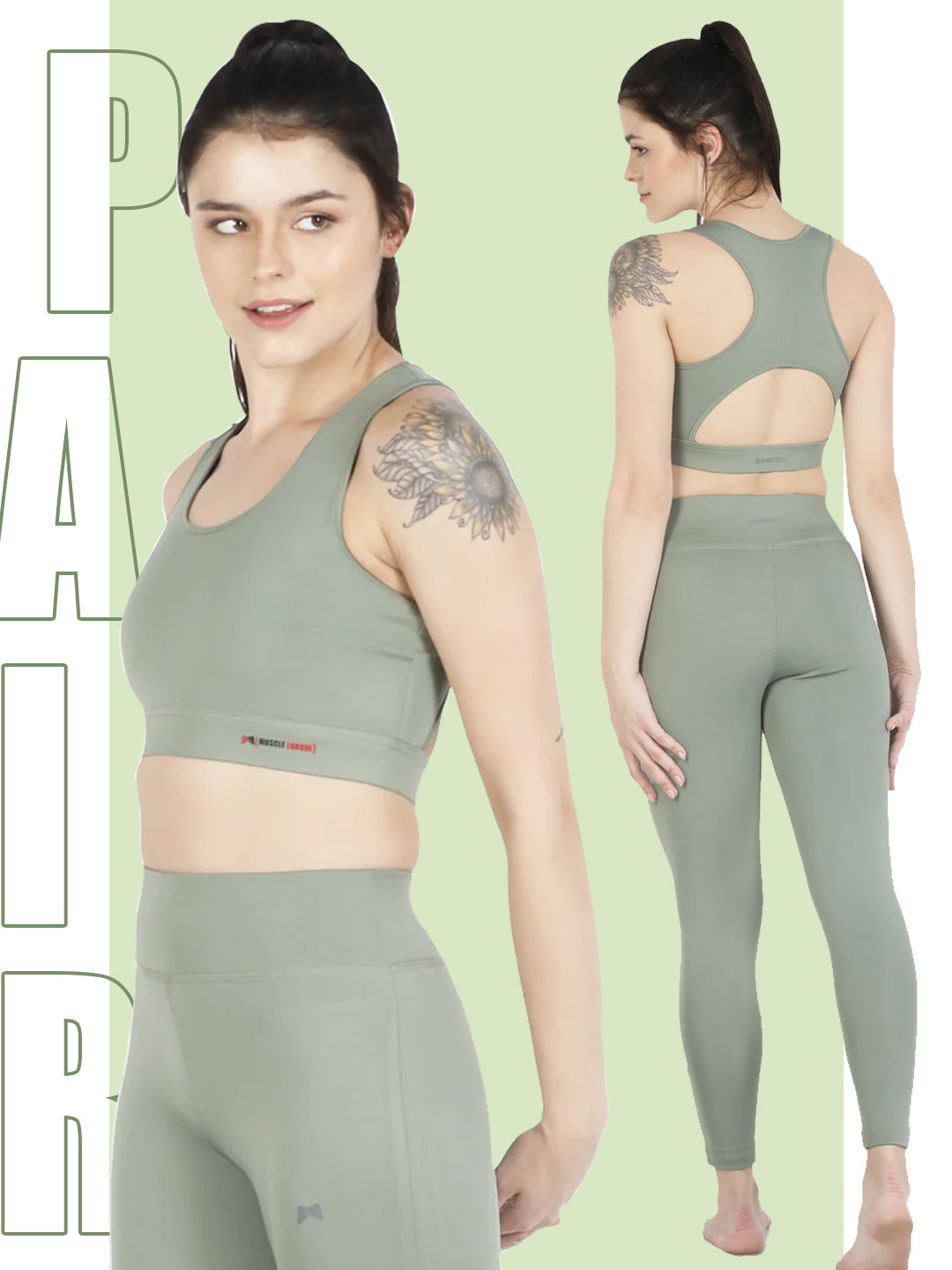 High Waist Tight With Back Style Sports Bra Pair- Green