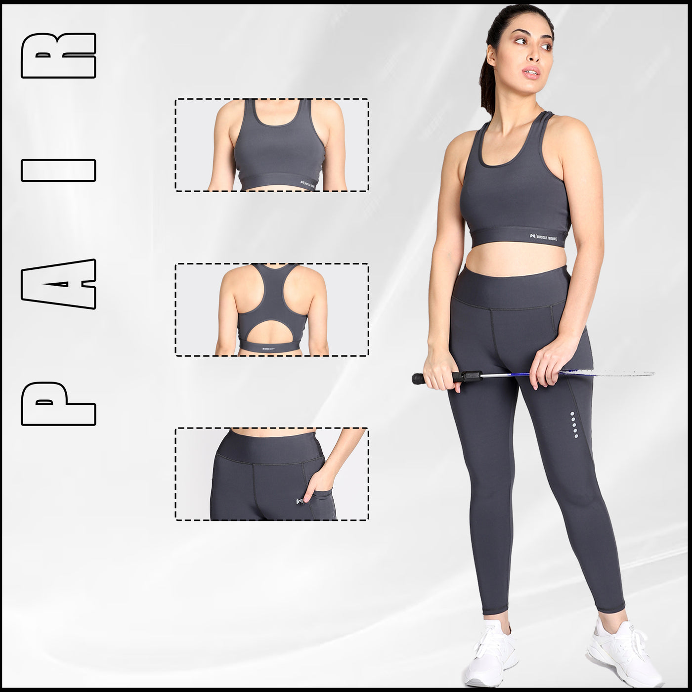 Pair of Side Pocket Medium Waist & Back Design Sports Bra – Grey