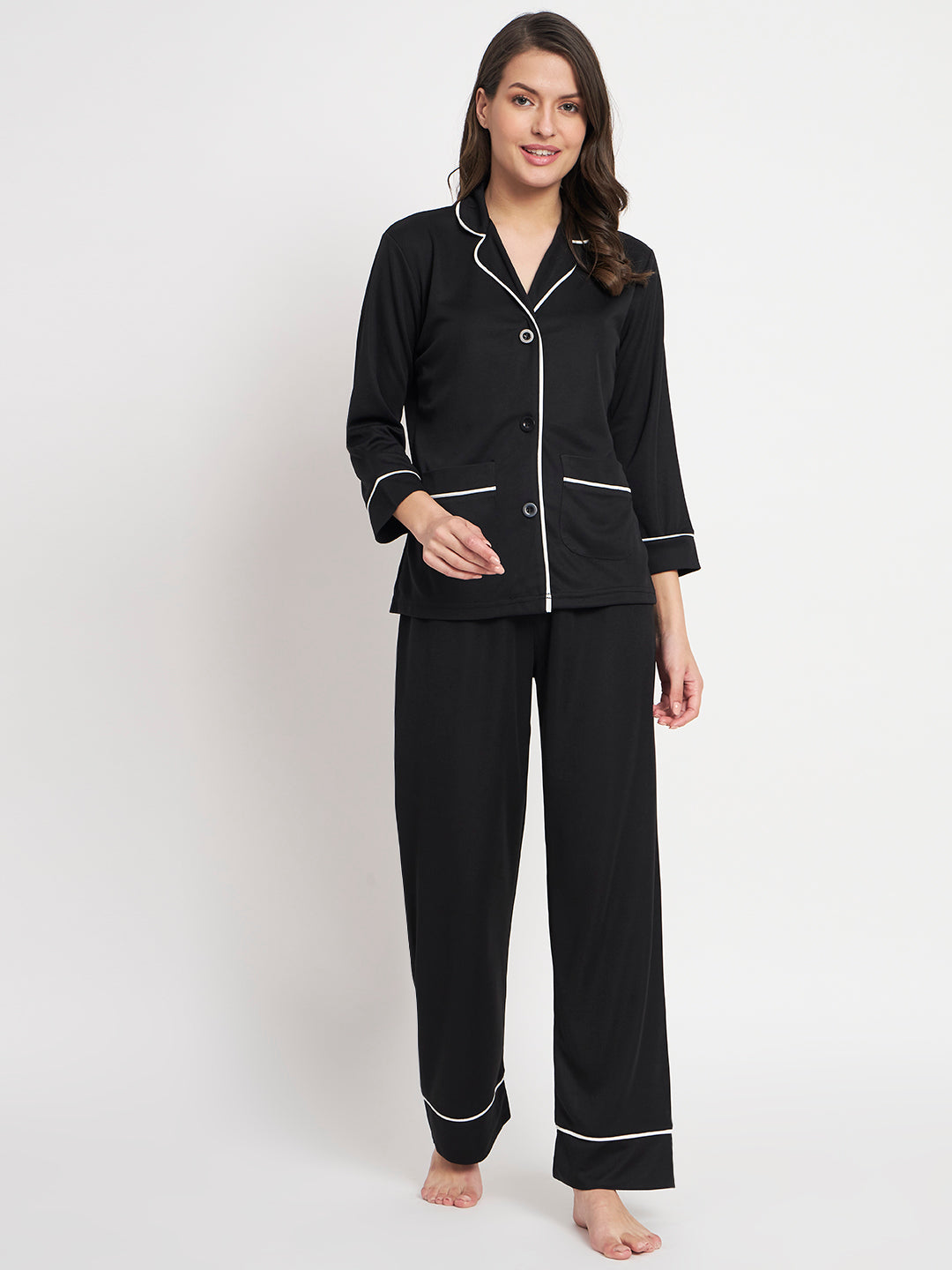 Button Down Shirt And Pyjama Set - Black