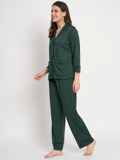 Button Down Shirt And Pyjama Set - Forest Green