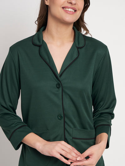 Button Down Shirt And Pyjama Set - Forest Green