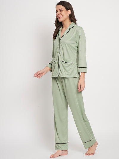 Button Down Shirt And Pyjama Set - Green