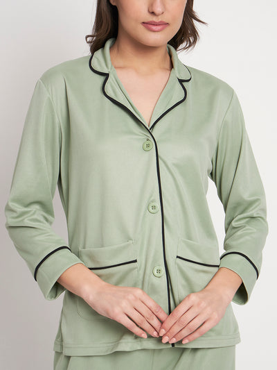 Button Down Shirt And Pyjama Set - Green