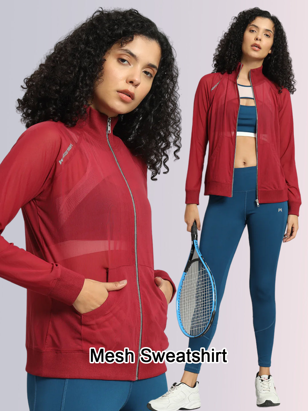 Front Zipper Mesh Sweatshirt – Maroon