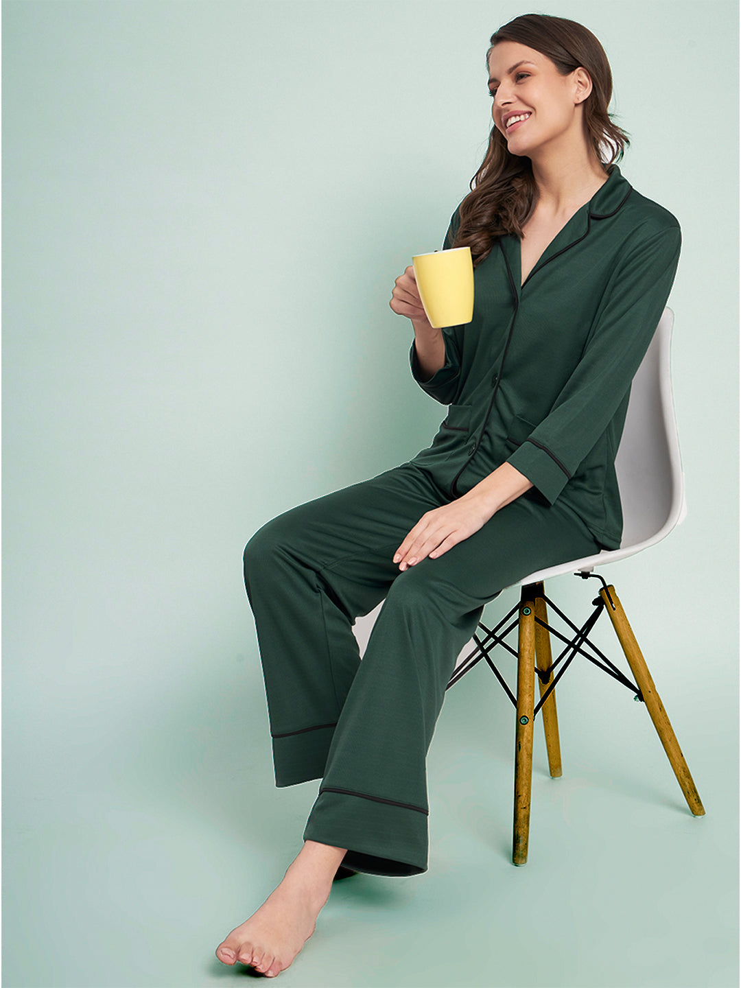 Button Down Shirt And Pyjama Set - Forest Green