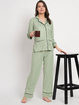 Button Down Shirt And Pyjama Set - Green