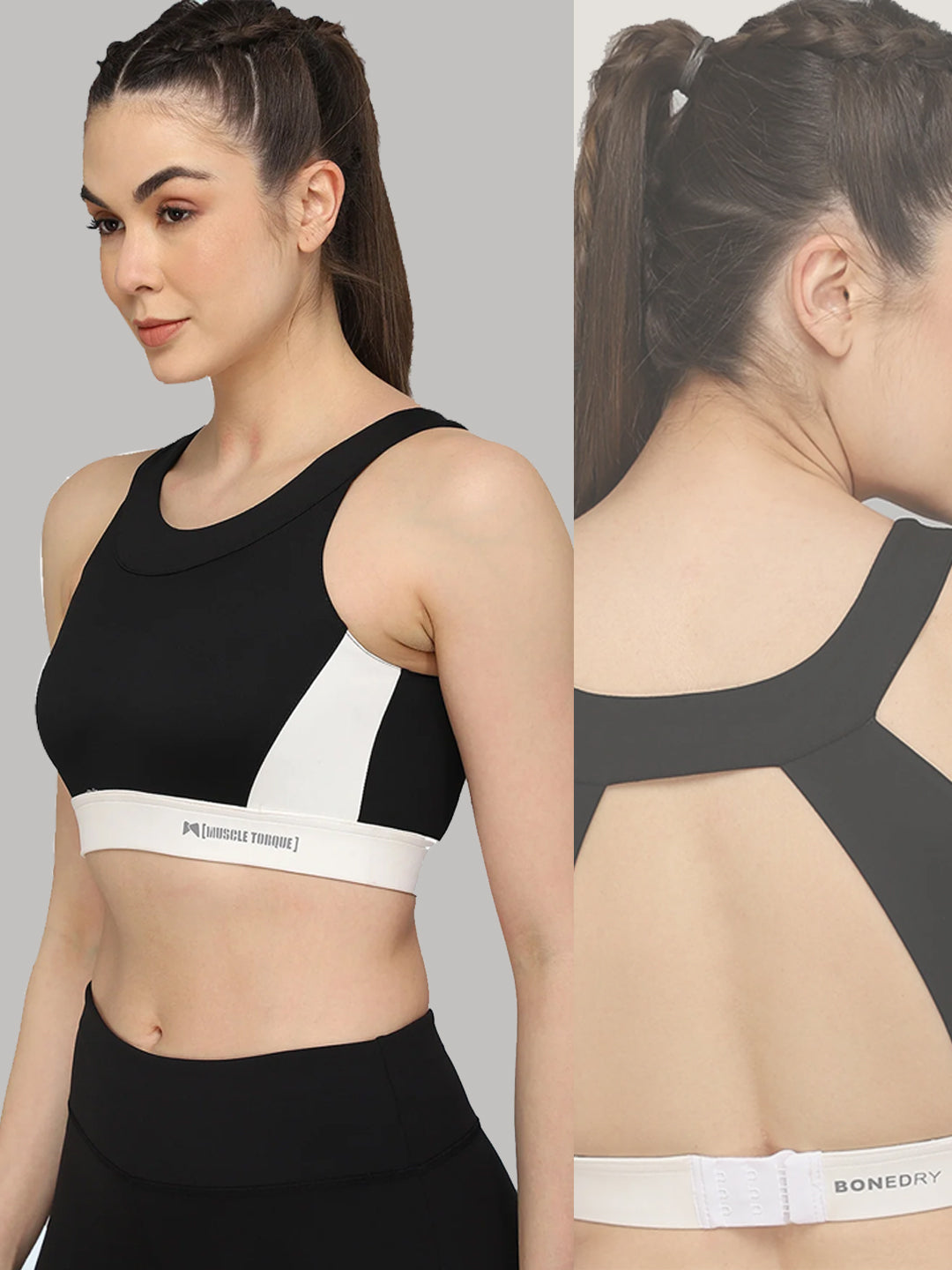 High Impact Boat neck Sports Bra - Black & White