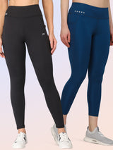 Combo of two Medium Waist three pocket style Tights - Black & Teal Blue