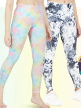 Combo of two high waist yoke belt printed tights - Multi & Black