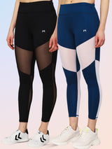 Combo of two High Waist Breathable Mesh Tights - Black & Teal Blue