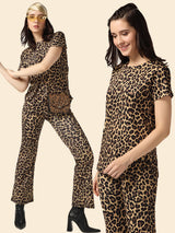 High Waist Polyester Flare Pant Cord Set - Leopard Print