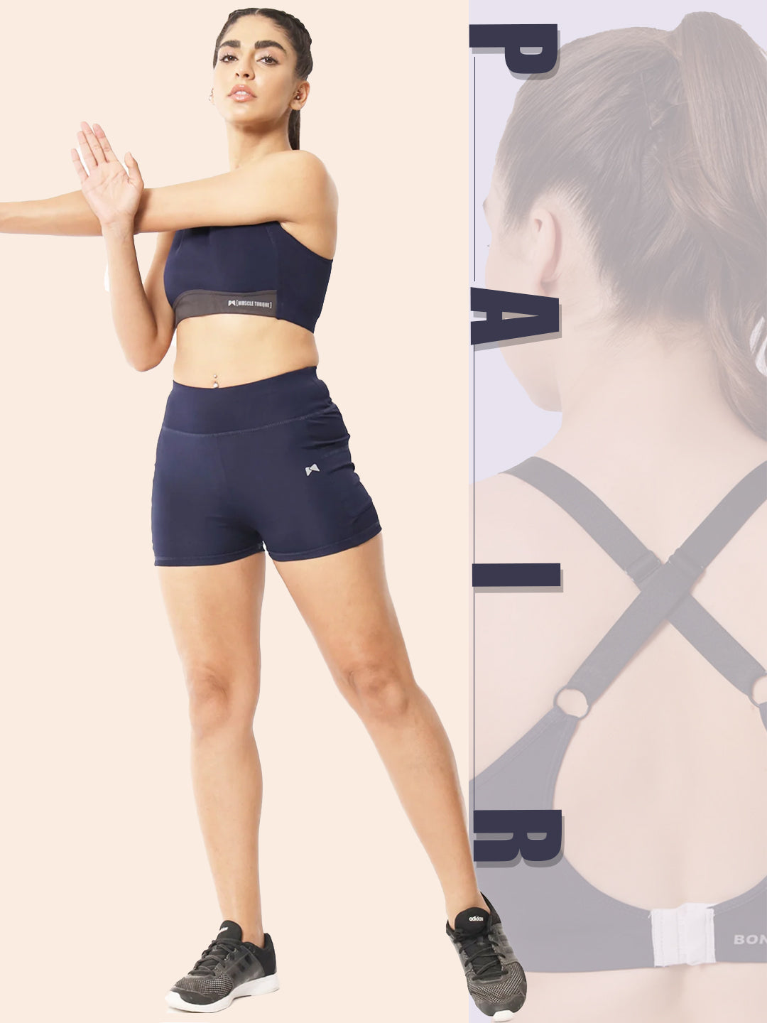 Pair of High Waist Cycling Shorts & High Impact Cross Hook Sports Bra – Navy Blue