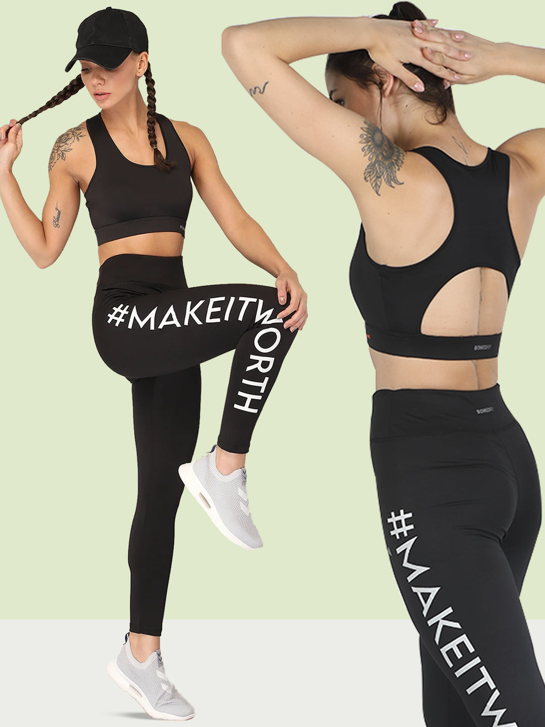 High Waist Make it Worth Printed Tight with Back Design Sports Bra – Black