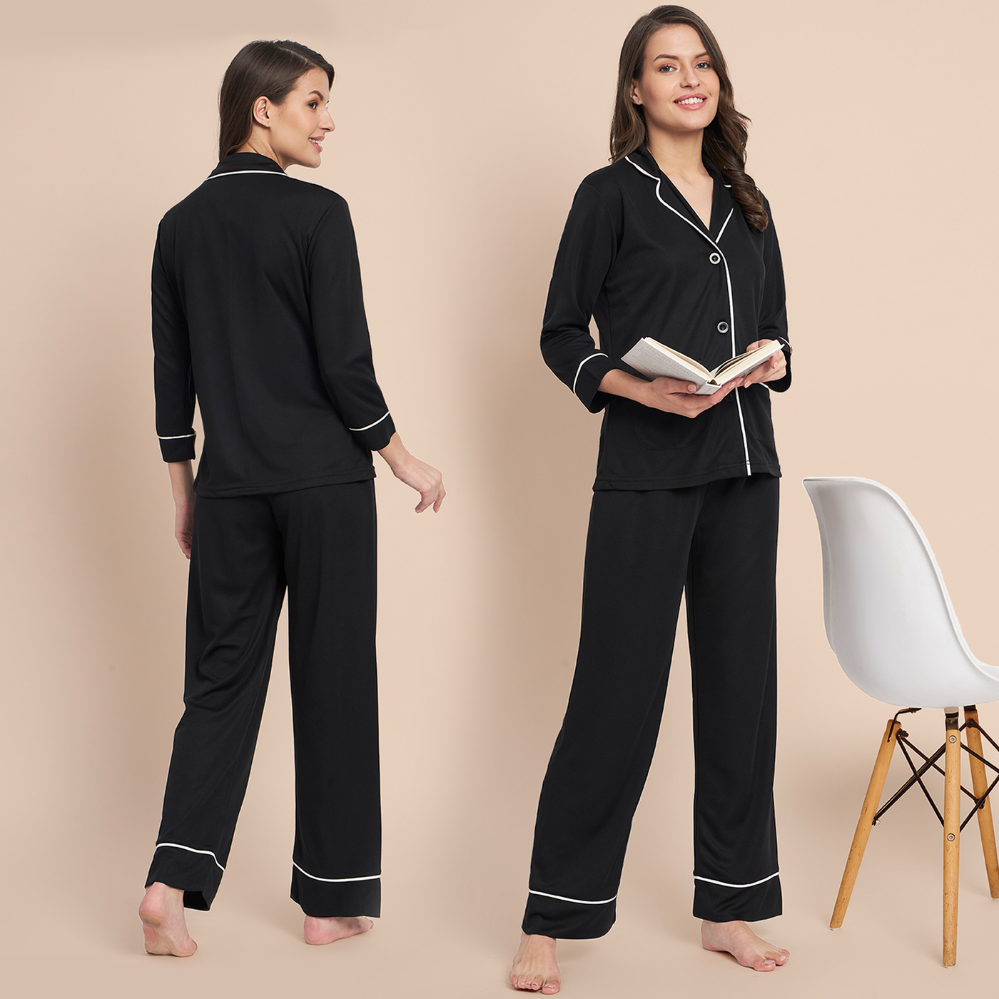 Button Down Shirt And Pyjama Set - Black