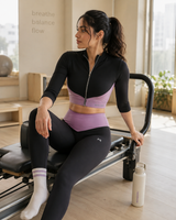 Pair of High Waist Yoke Belt Printed Workout Tight & Front Zipper BraTop – Purple