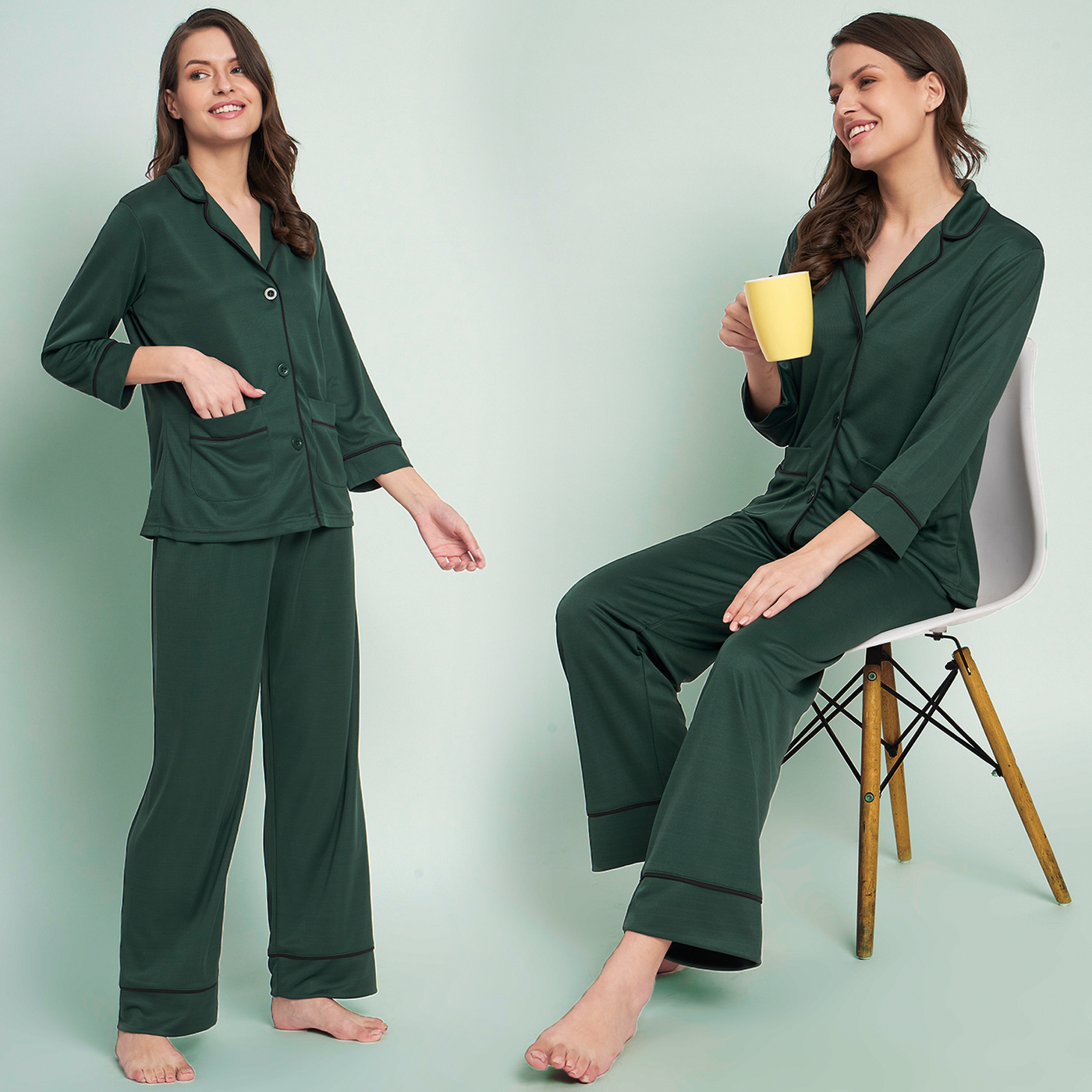 Button Down Shirt And Pyjama Set - Forest Green