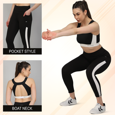 Gym/Yoga High Waist Pocket Style Tight With Boat neck Open Back Sports Bra - Black & White