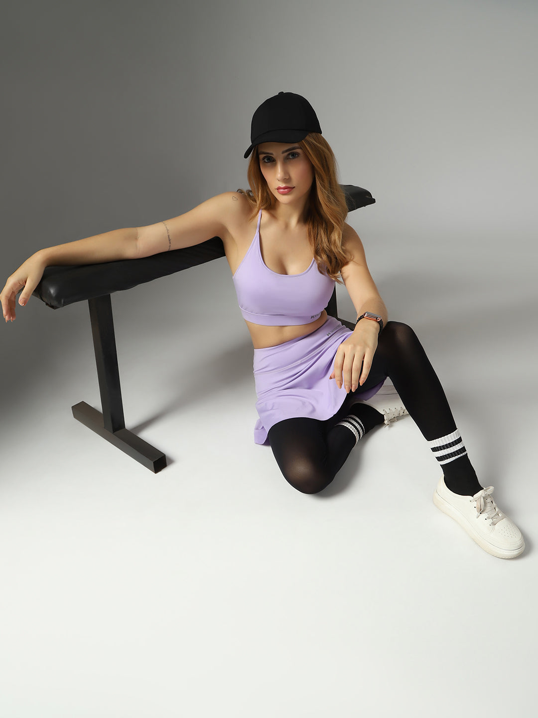 Wavy Flared Skirt With Attached Mesh Stocking - Purple
