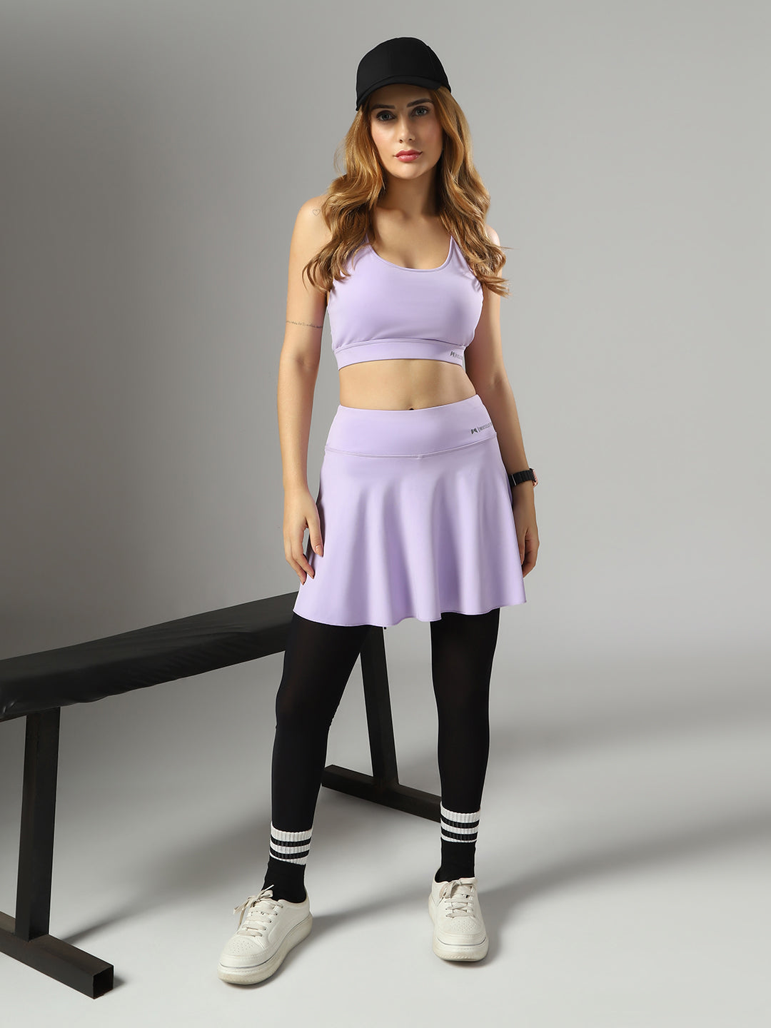 Wavy Flared Skirt With Attached Mesh Stocking - Purple