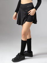 Side Slit Bottom Flared High Waist Skort  – Black