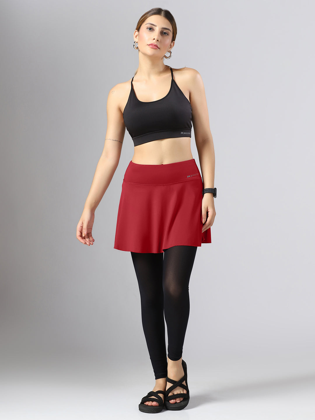 Wavy Flared Skirt With Attached Mesh Stocking - Maroon
