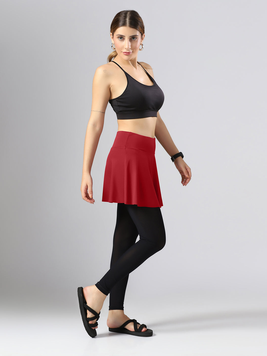 Wavy Flared Skirt With Attached Mesh Stocking - Maroon