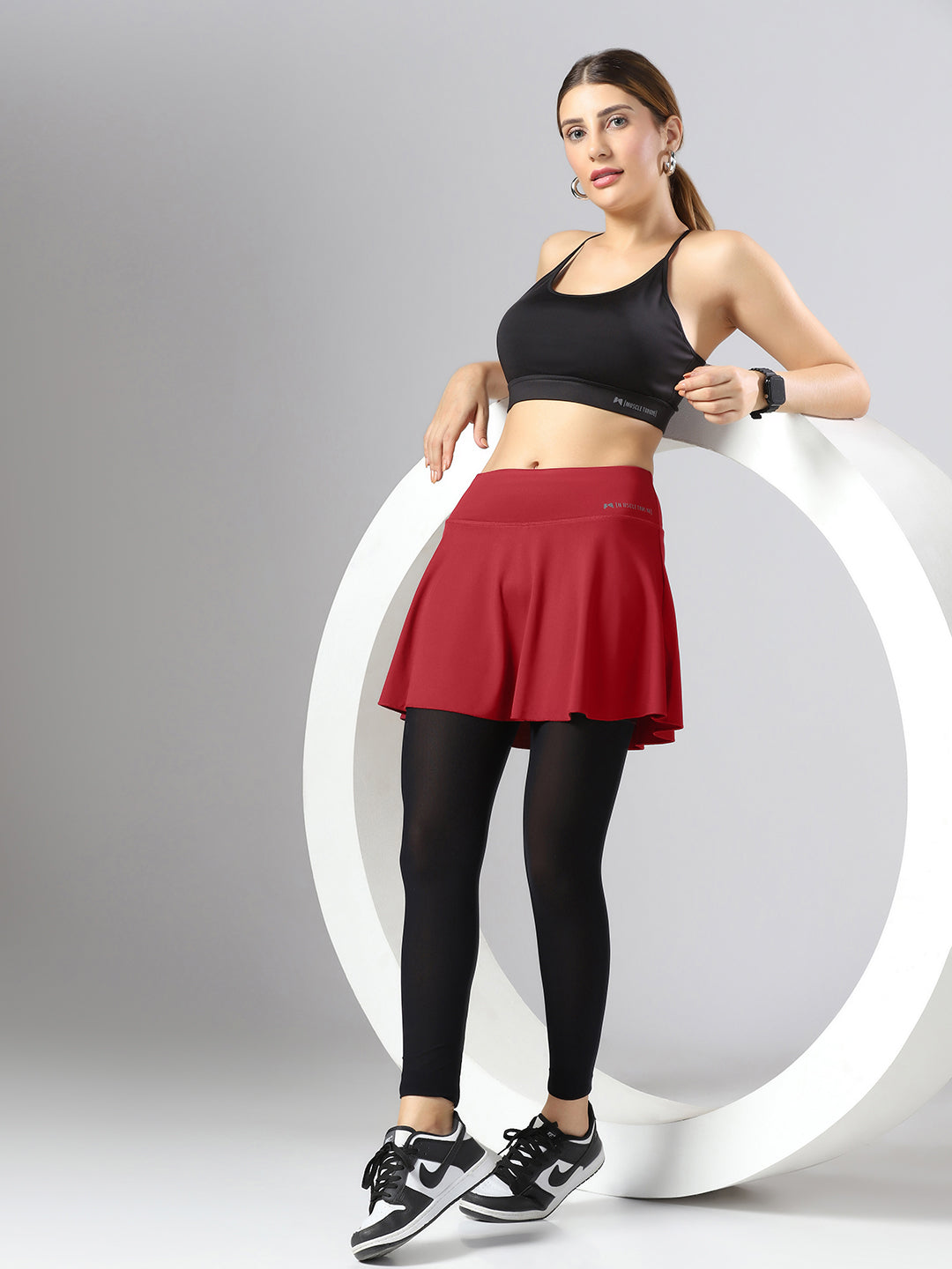 Wavy Flared Skirt With Attached Mesh Stocking - Maroon