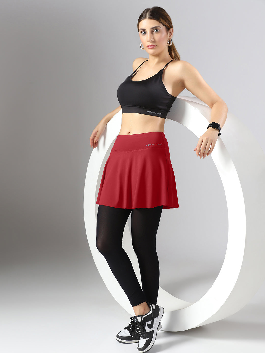 Wavy Flared Skirt With Attached Mesh Stocking - Maroon