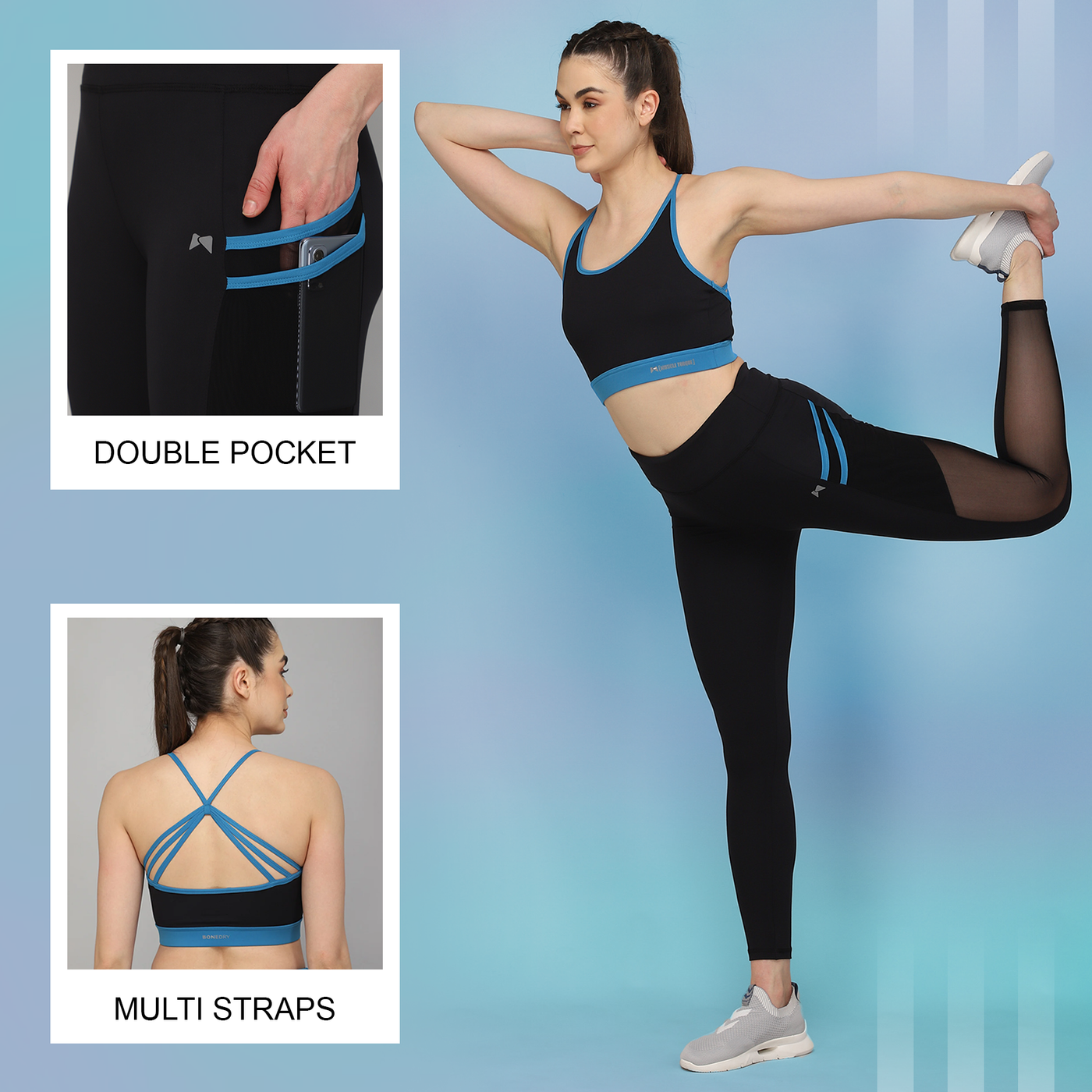 Pair of High Waist Double Pocket Tight & Multi Strap Sports Bra – Blue