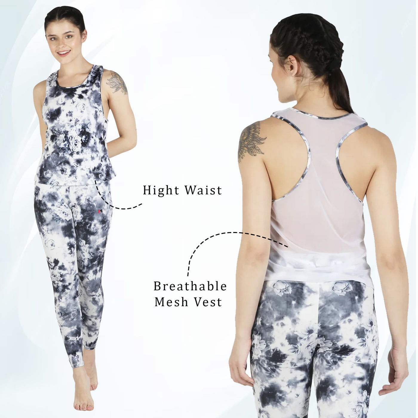 High Waist Tight With Breathable Mesh Vest - Black Printed