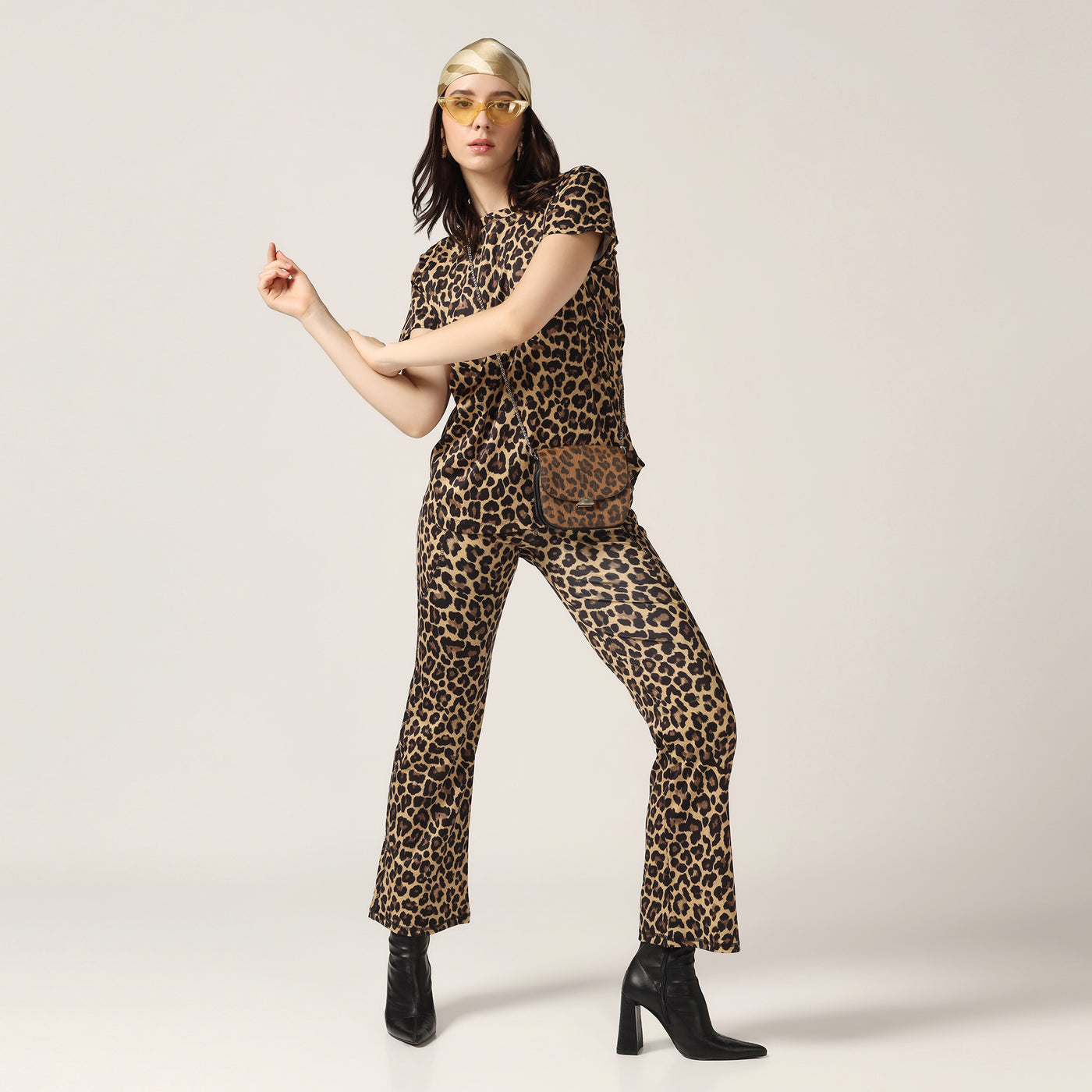 High Waist Polyester Flare Pant Cord Set - Leopard Print