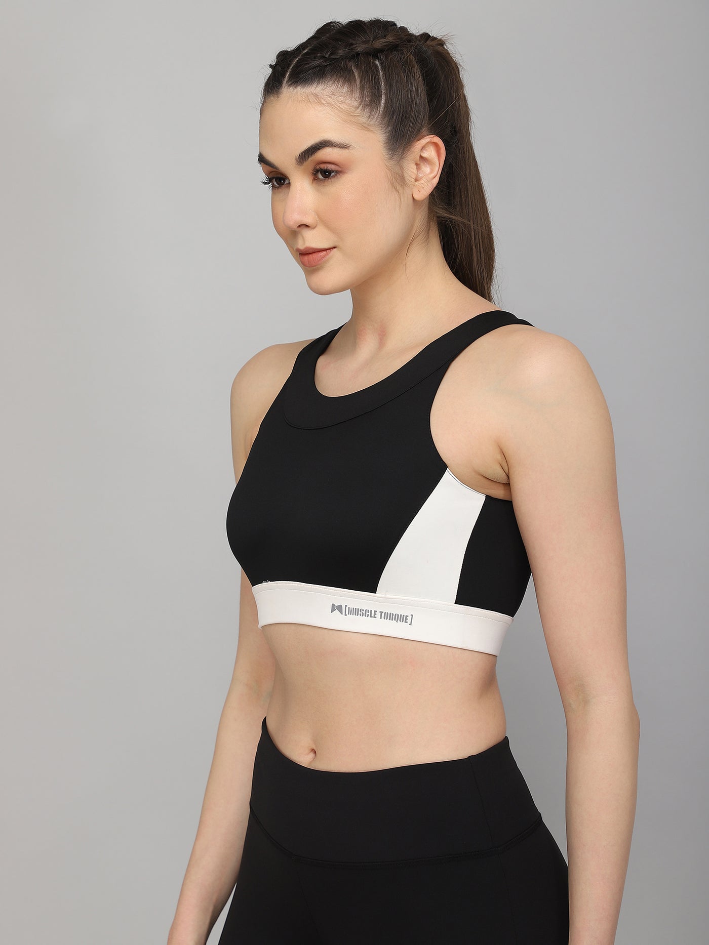 Gym/Yoga High Waist Pocket Style Tight With Boat neck Open Back Sports Bra - Black & White