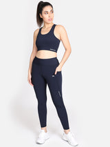 Pair of Side Pocket Medium Waist Tight & Back Design Sports Bra – Navy Blue