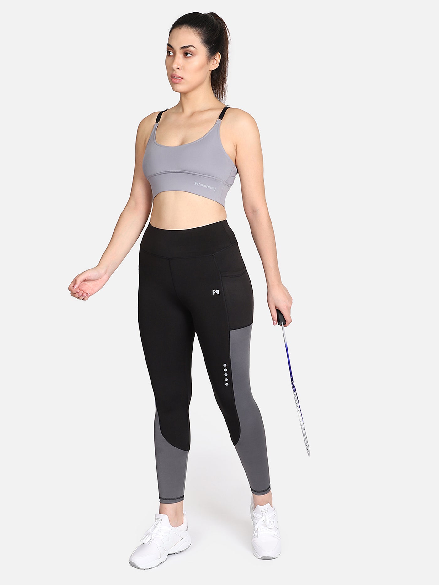 Pair of Medium Waist Running Tight & High Impact Workout Sports Bra – Black & Grey