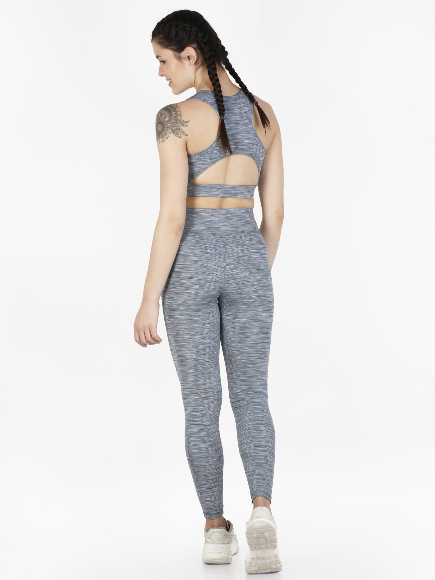 Pair of High Waist Workout Tight & Back Design Sports Bra – Melange Grey