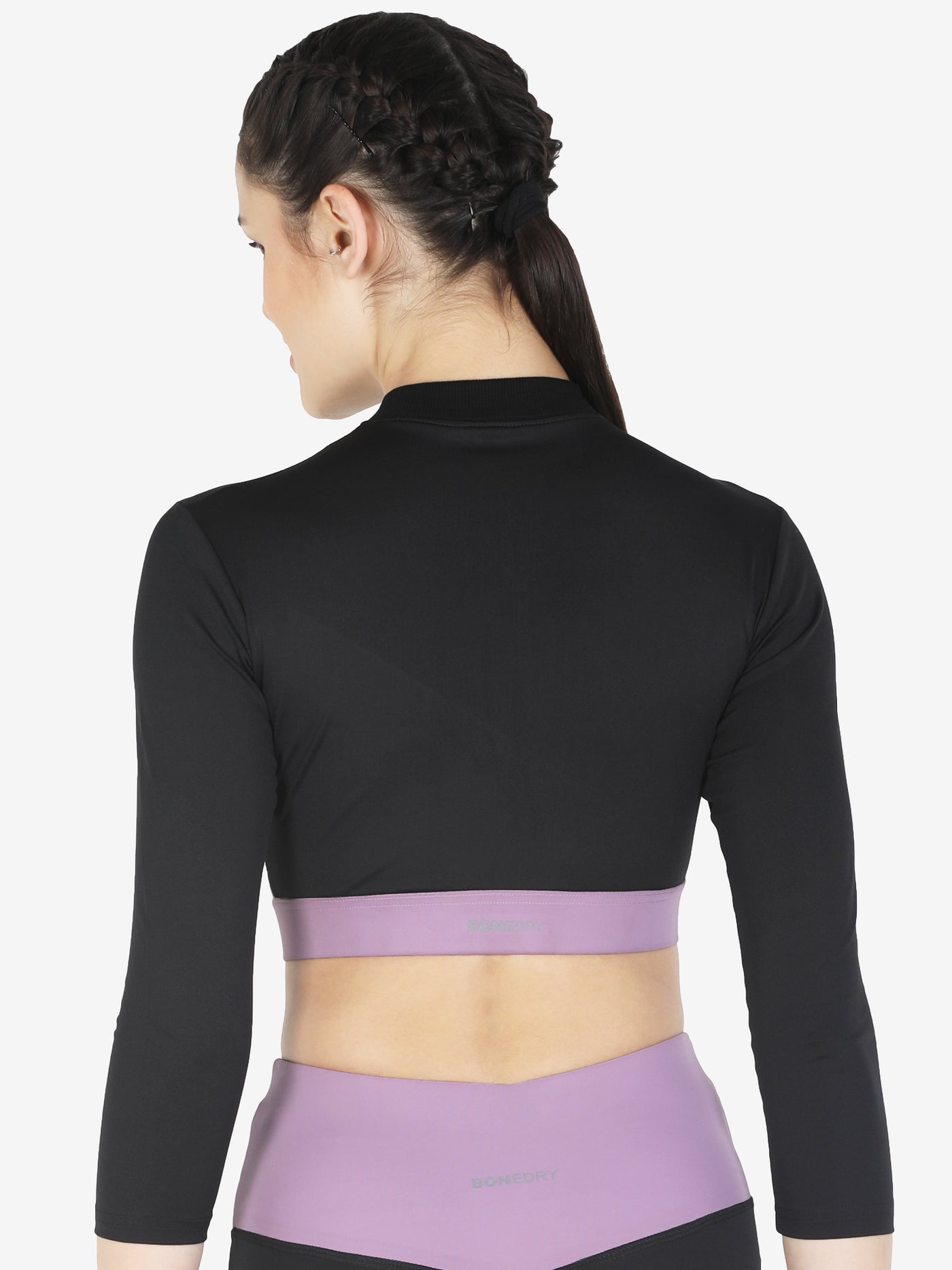 Pair of High Waist Yoke Belt Printed Workout Tight & Front Zipper Sports Bra – Purple