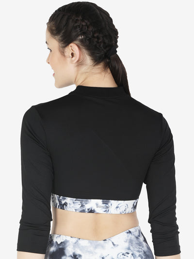 Pair of High Waist Yoke Belt Printed Workout Tight & Front Zipper Sports Bra – Black