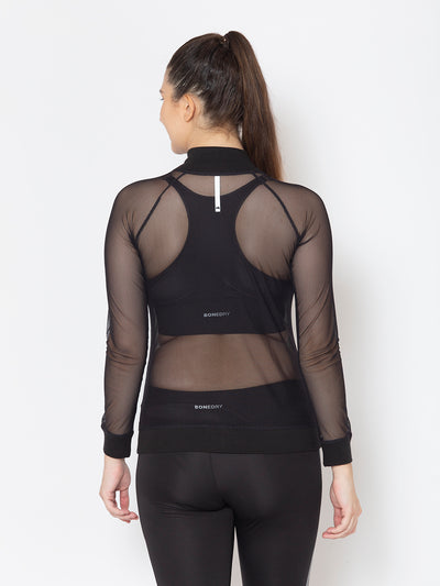 Front Zipper Mesh Sweatshirt – Black